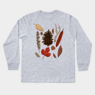 Fall Leaves with Antlers, Feathers, Pinecones, Ladybug Kids Long Sleeve T-Shirt